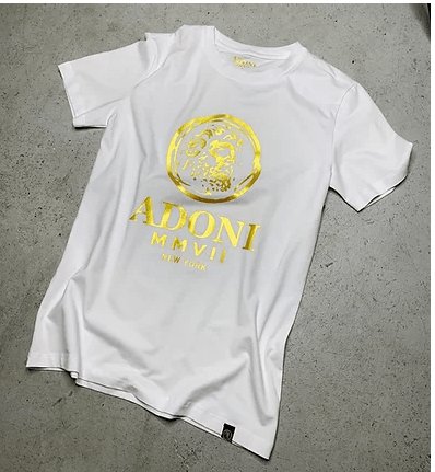 Unisex White/Gold Fitted Crew Neck T-Shirt - ADONI MMVII NEW YORK