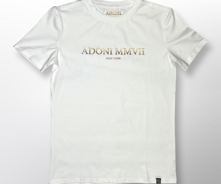 White Crew Neck T-Shirt Gold 3D Logo - ADONI MMVII NEW YORK